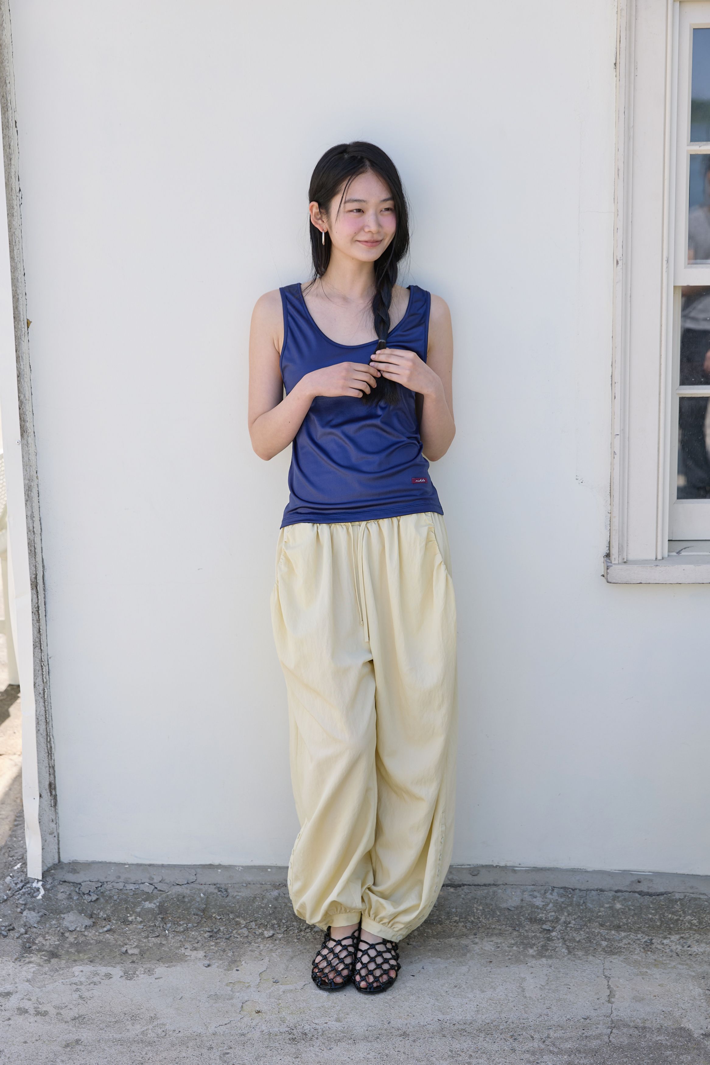 BUTTON DETAIL SHIRRING PANTS - 3 COLORS BUTTER