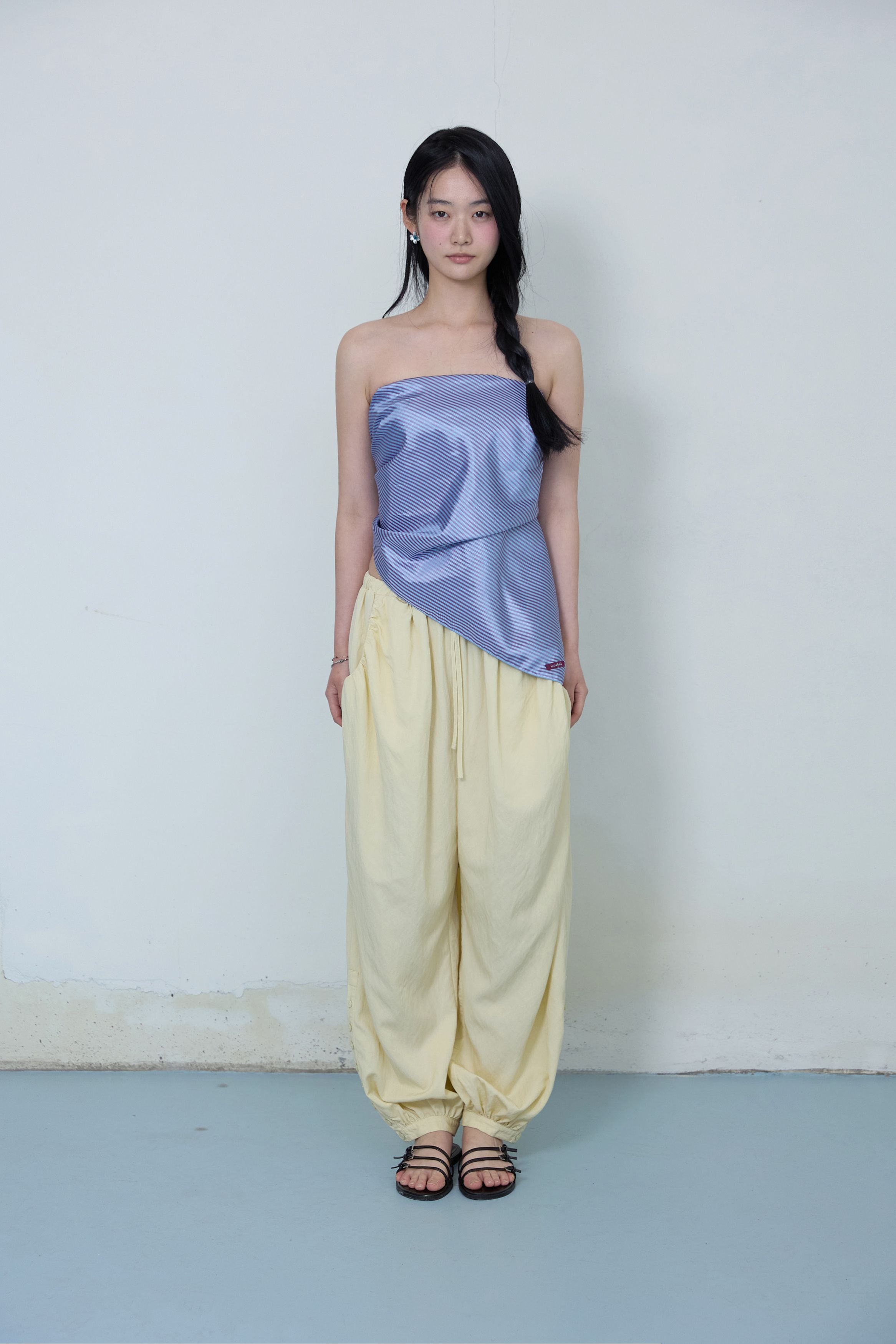 BUTTON DETAIL SHIRRING PANTS - 3 COLORS BUTTER