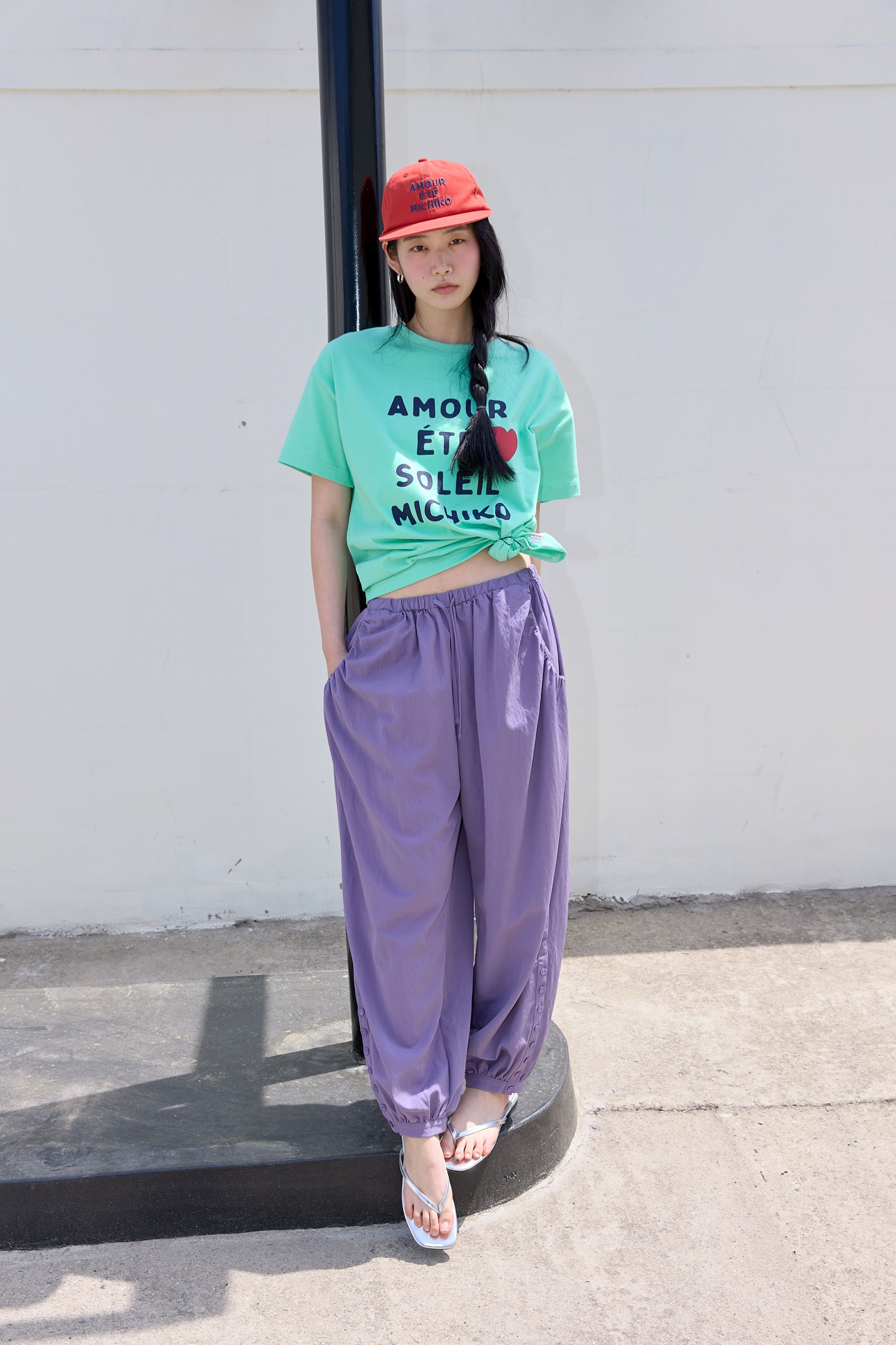 BUTTON DETAIL SHIRRING PANTS - 3 COLORS PURPLE