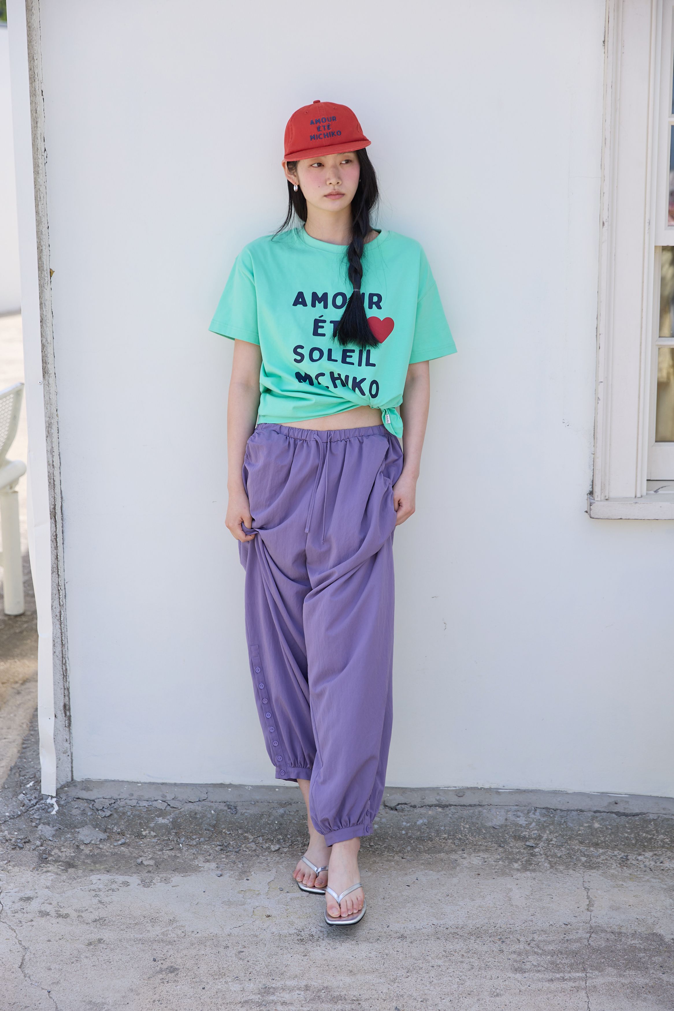 BUTTON DETAIL SHIRRING PANTS - 3 COLORS PURPLE