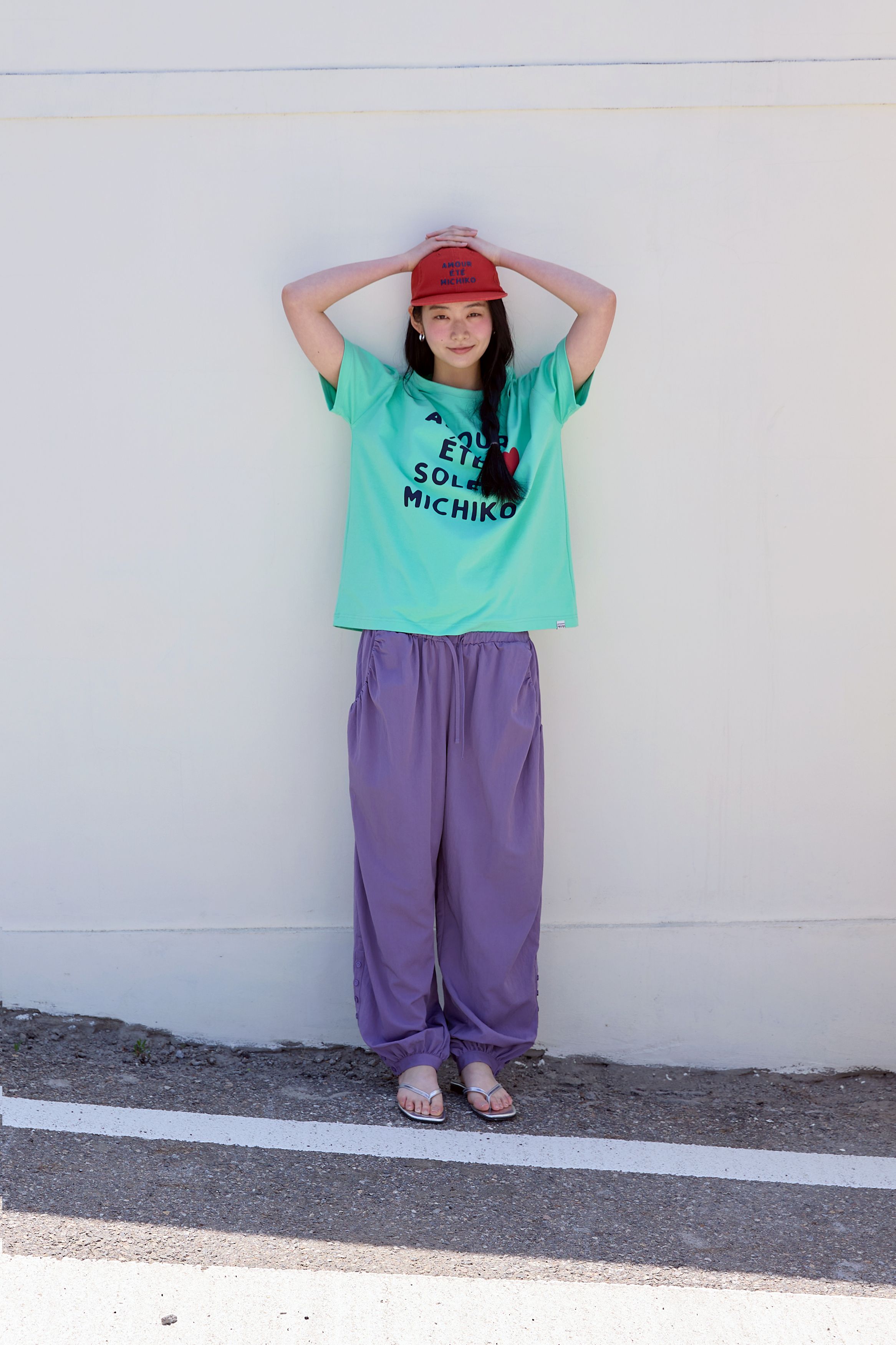BUTTON DETAIL SHIRRING PANTS - 3 COLORS PURPLE