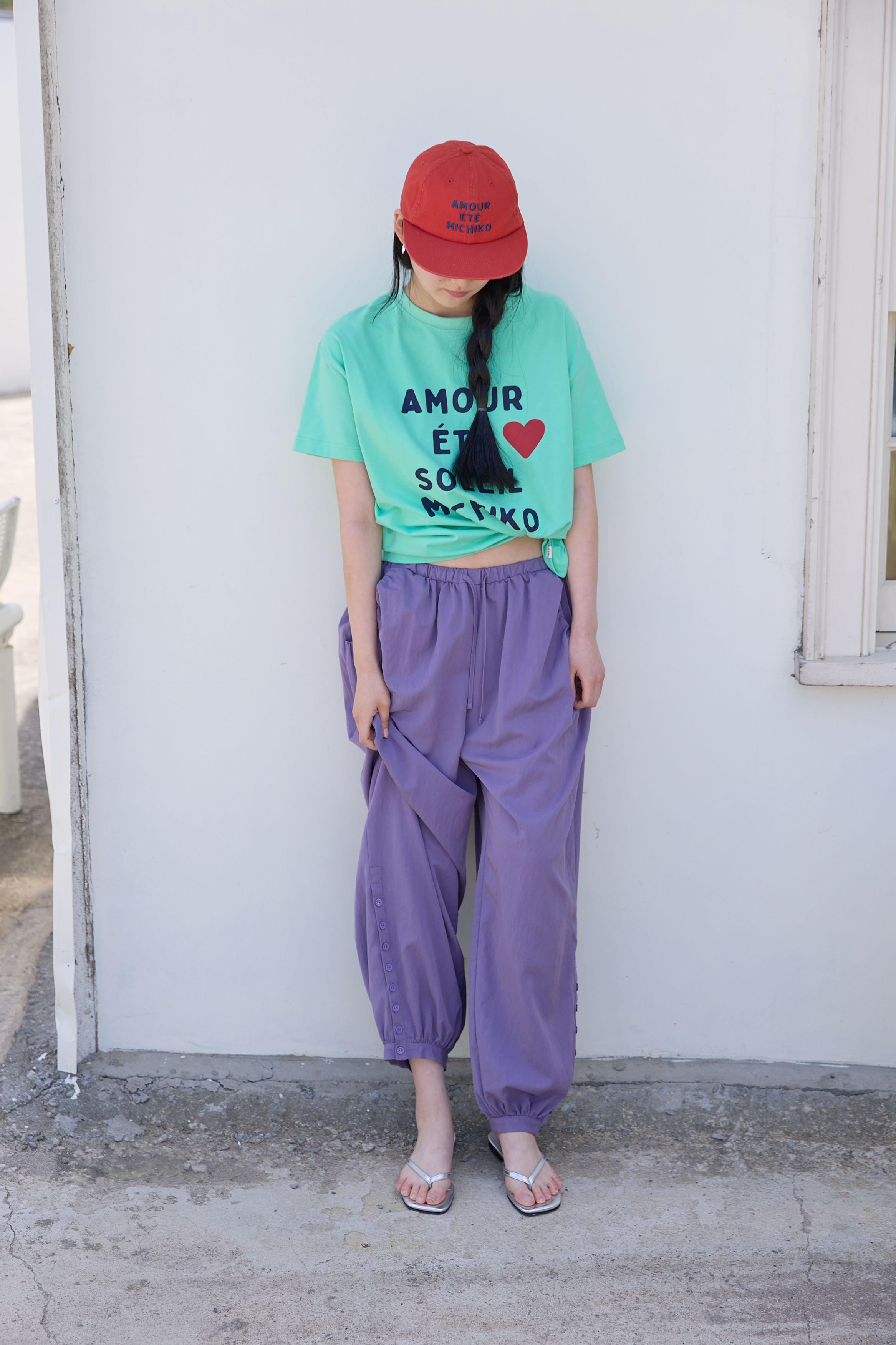 BUTTON DETAIL SHIRRING PANTS - 3 COLORS PURPLE