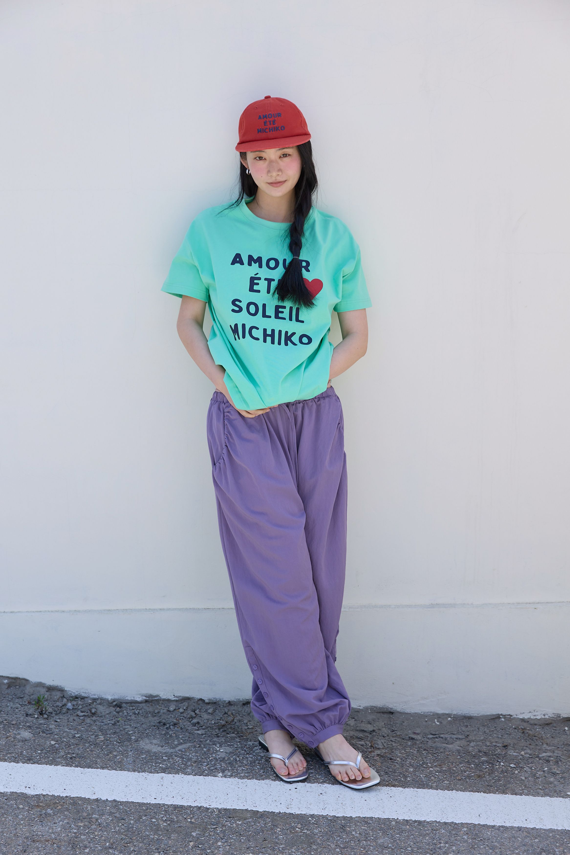 BUTTON DETAIL SHIRRING PANTS - 3 COLORS PURPLE