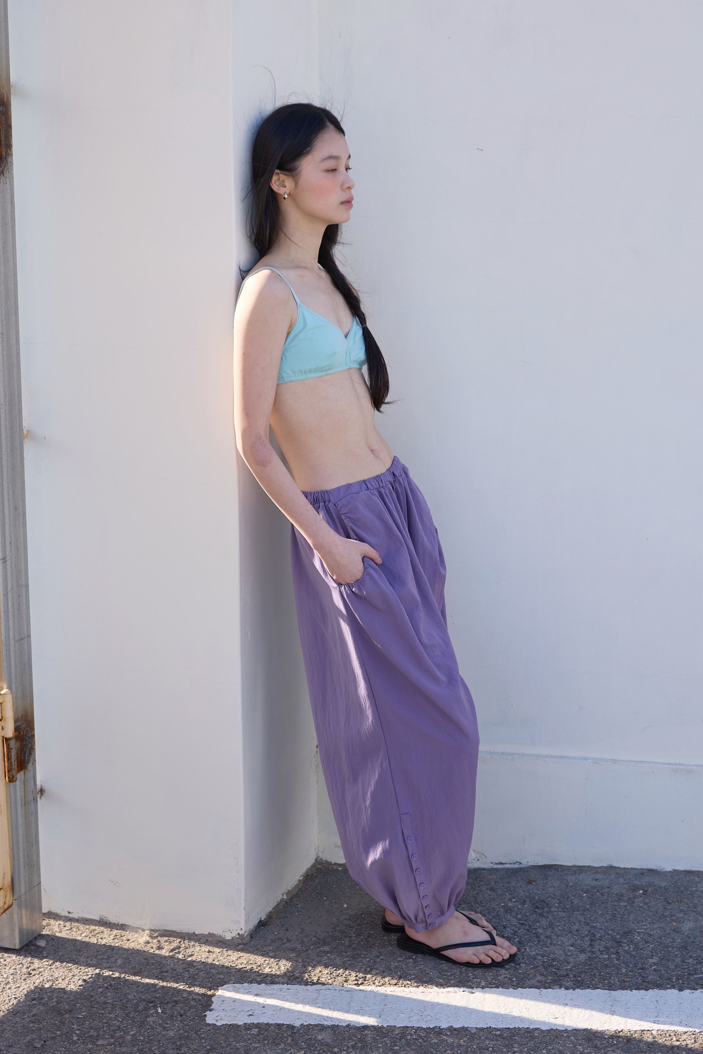 BUTTON DETAIL SHIRRING PANTS - 3 COLORS PURPLE