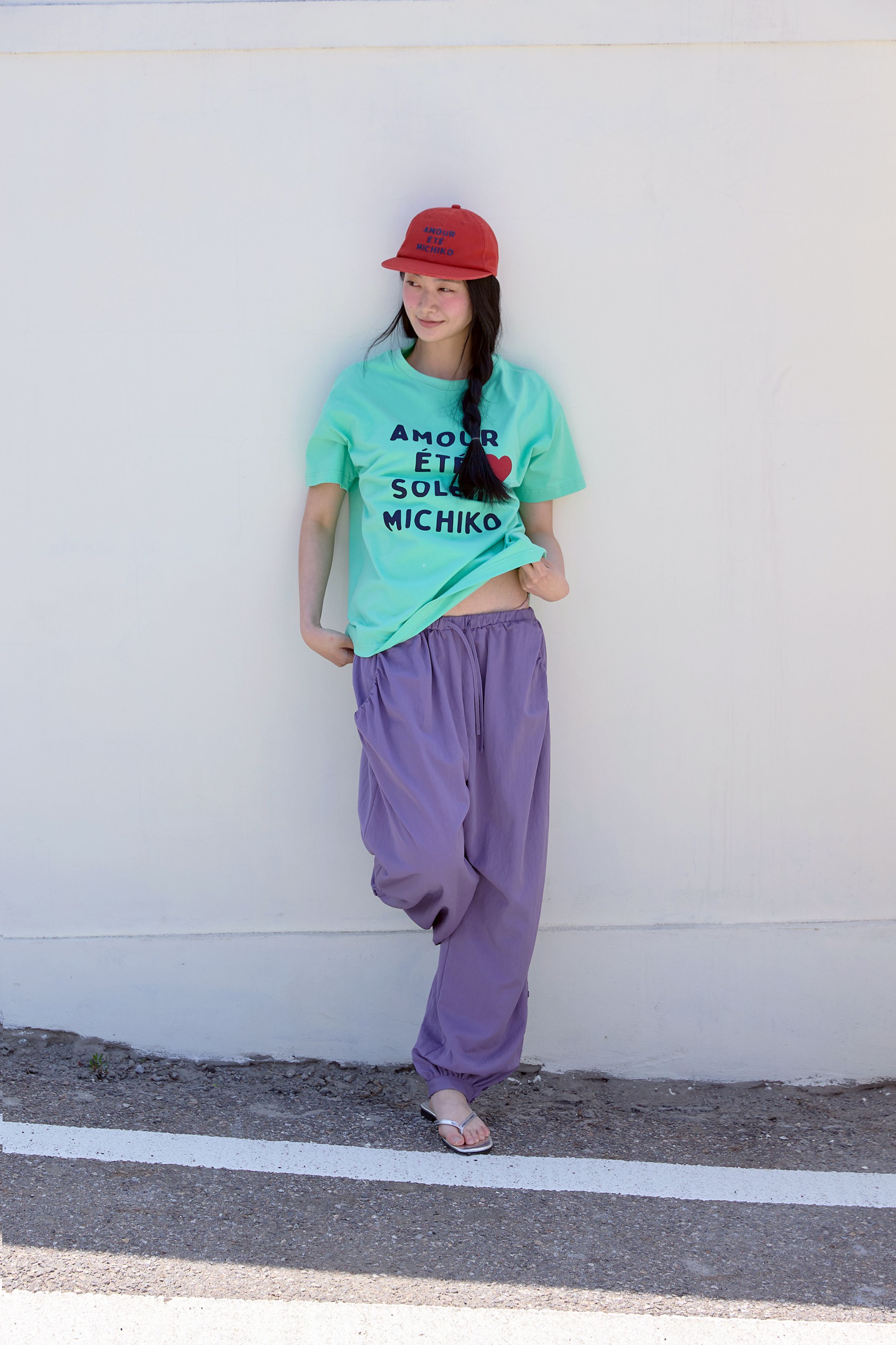 BUTTON DETAIL SHIRRING PANTS - 3 COLORS PURPLE