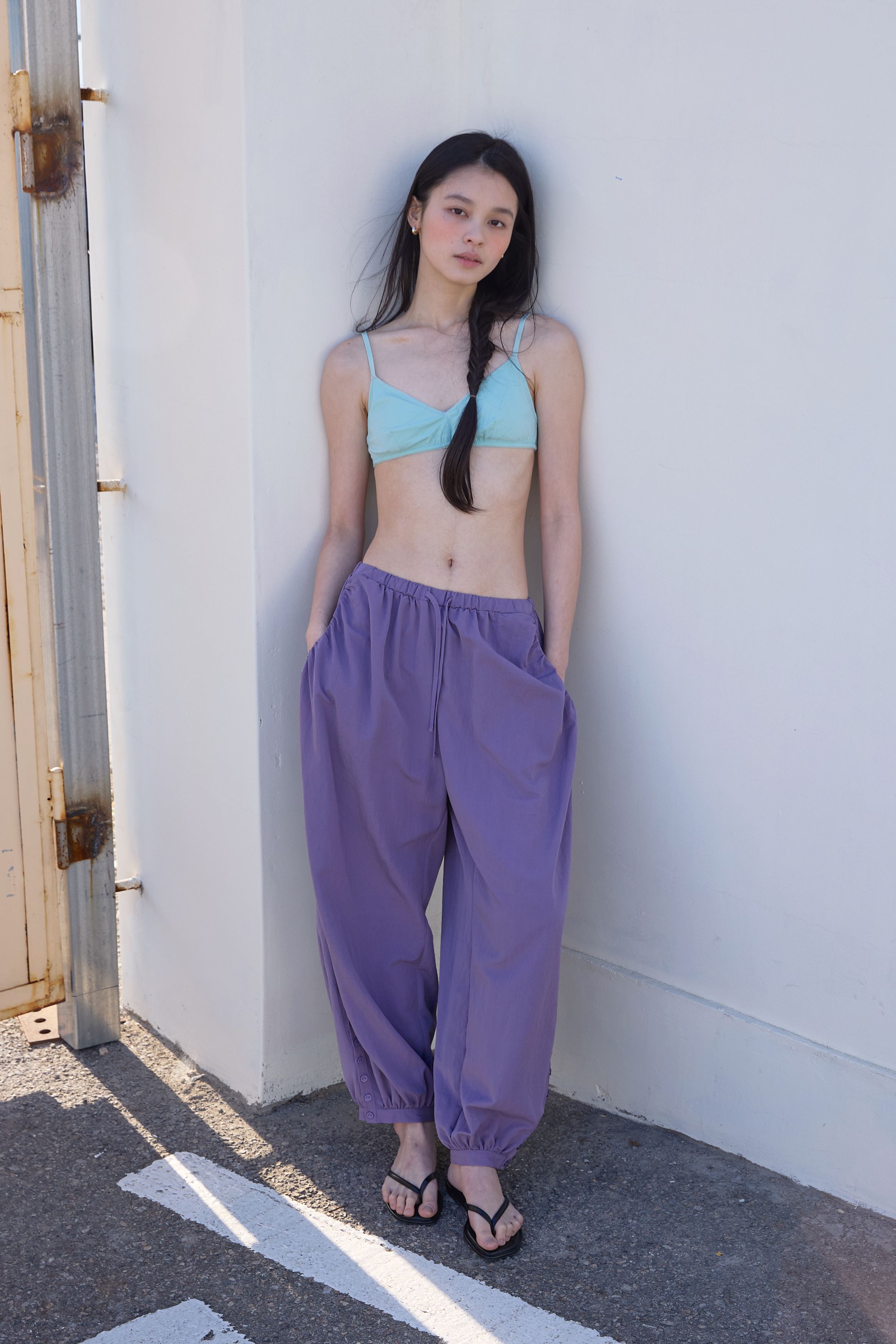 BUTTON DETAIL SHIRRING PANTS - 3 COLORS PURPLE