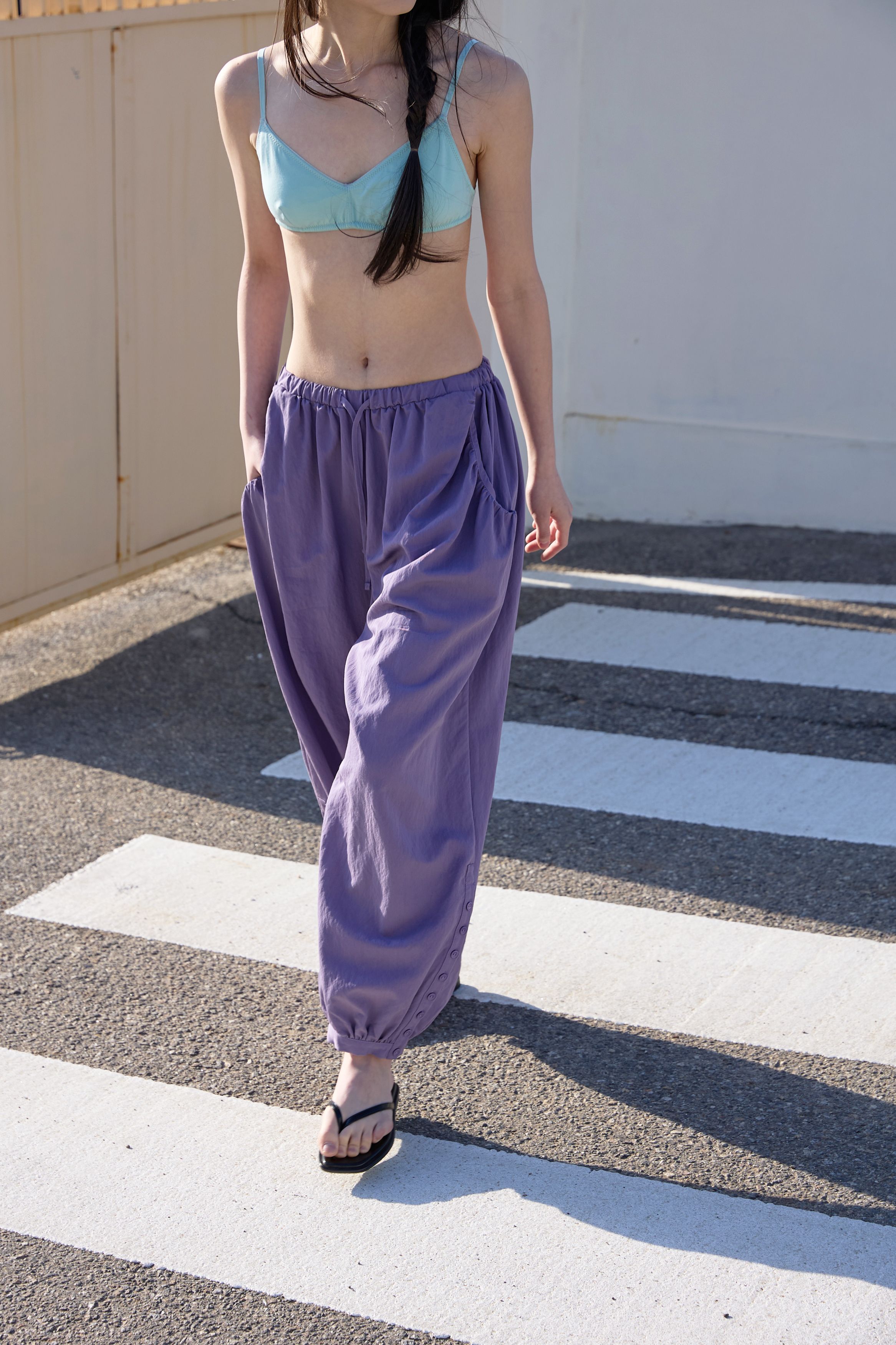 BUTTON DETAIL SHIRRING PANTS - 3 COLORS PURPLE