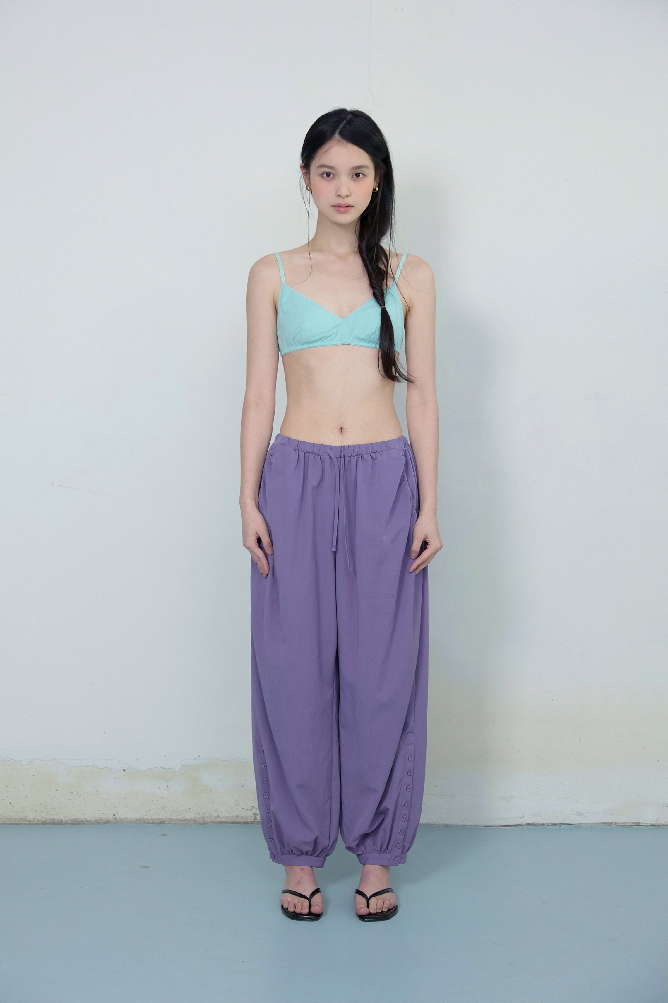 BUTTON DETAIL SHIRRING PANTS - 3 COLORS PURPLE