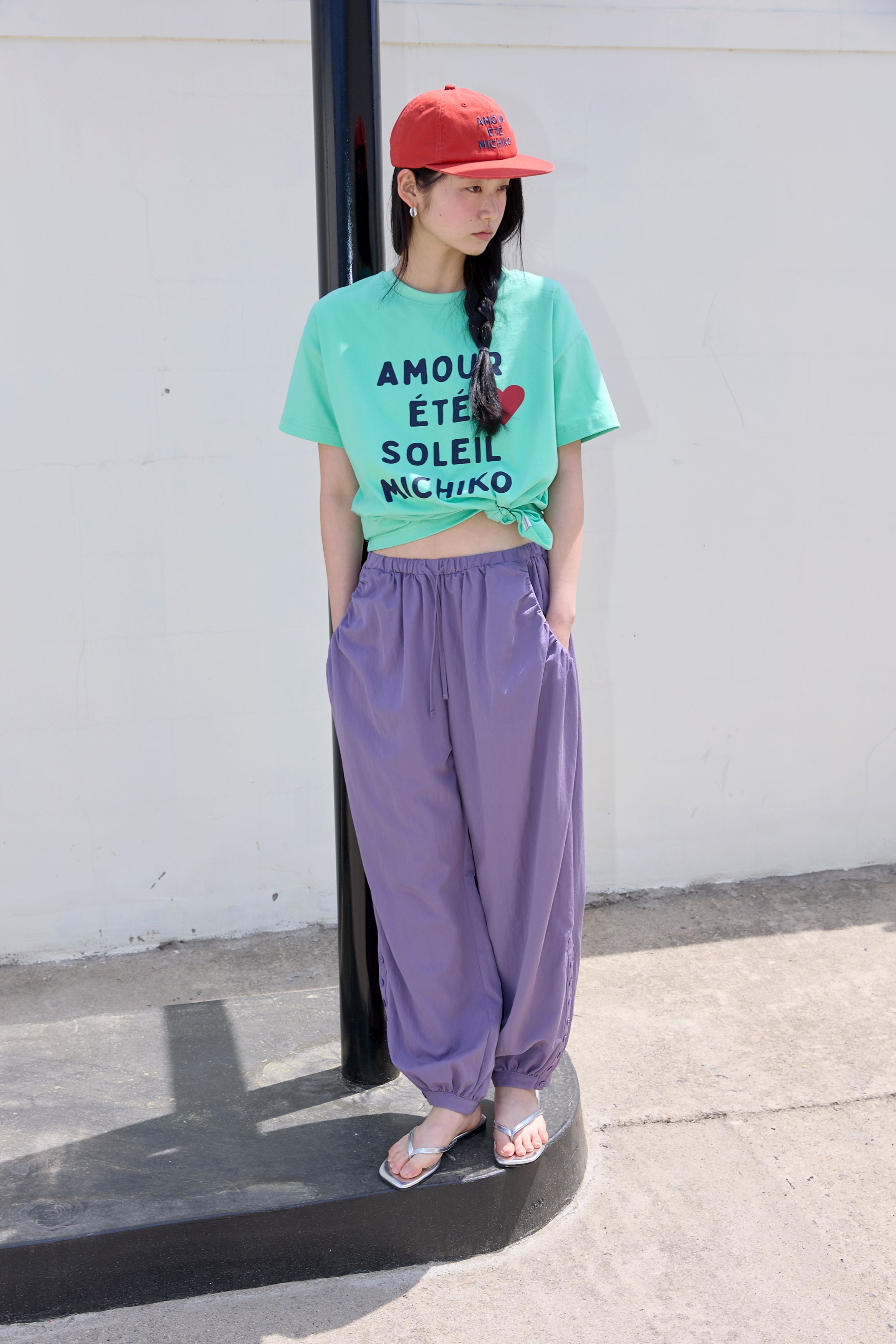 BUTTON DETAIL SHIRRING PANTS - 3 COLORS PURPLE