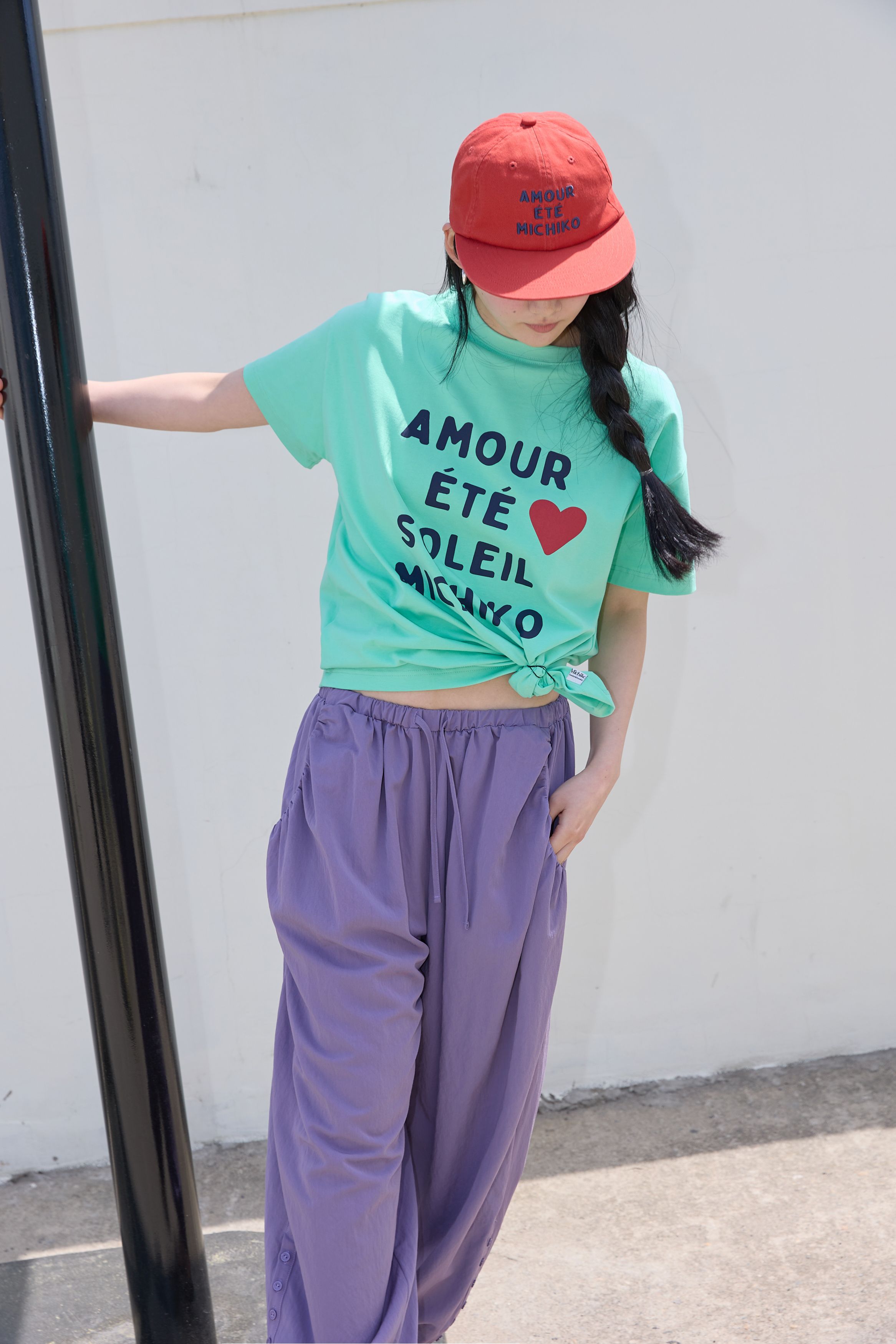 BUTTON DETAIL SHIRRING PANTS - 3 COLORS PURPLE