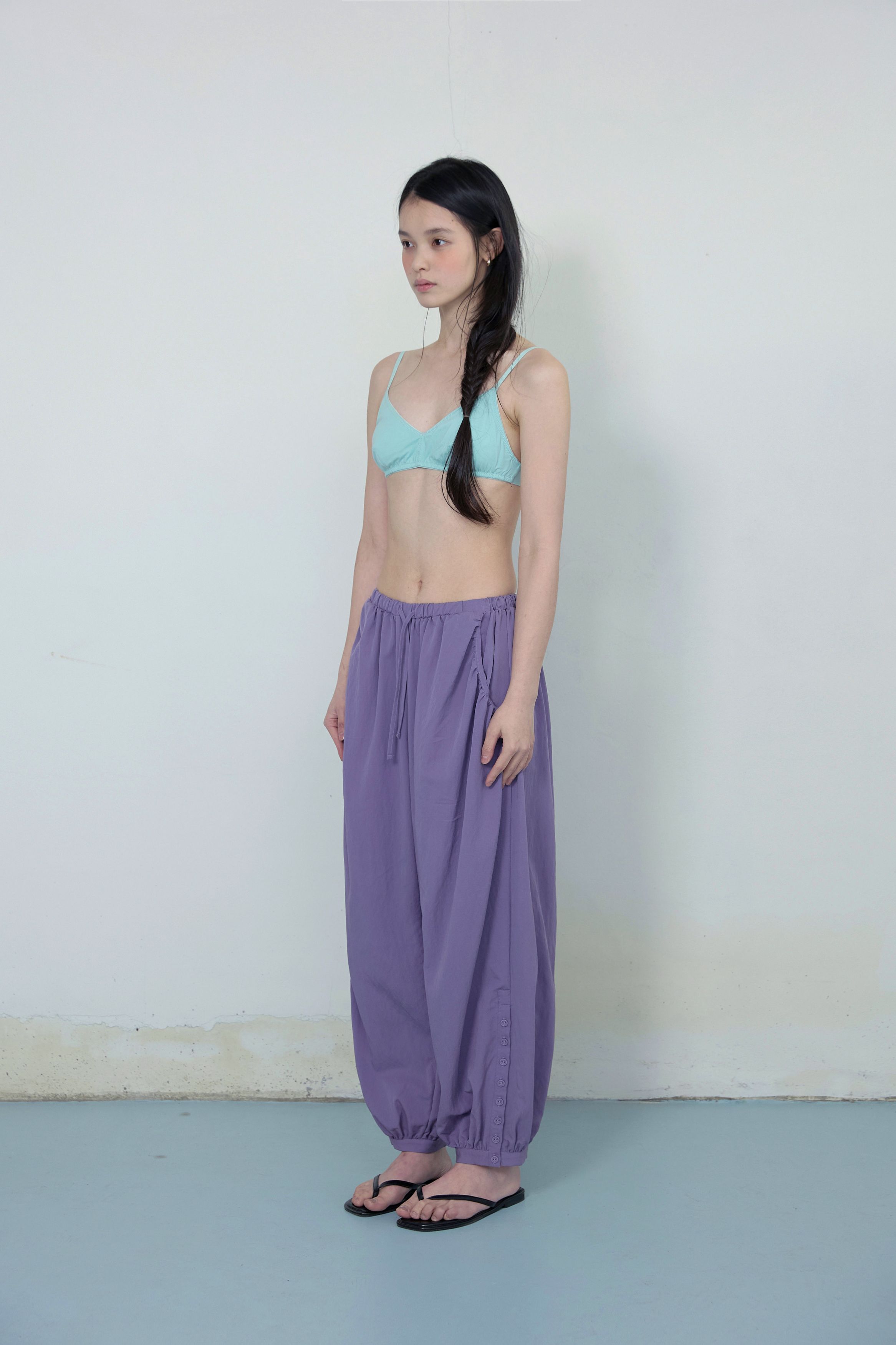 BUTTON DETAIL SHIRRING PANTS - 3 COLORS PURPLE