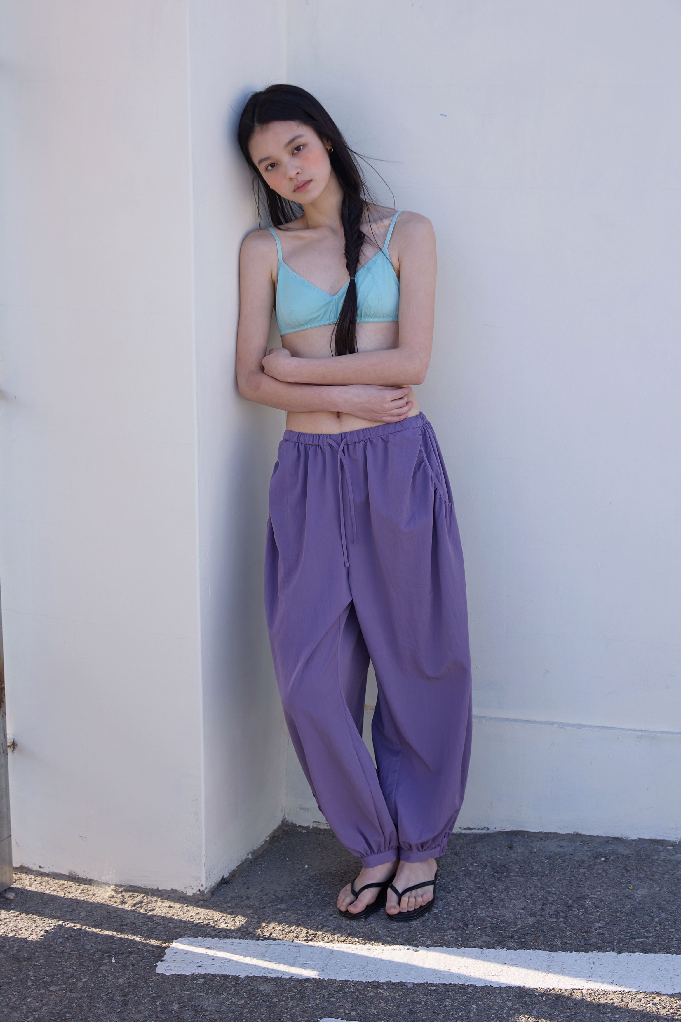 BUTTON DETAIL SHIRRING PANTS - 3 COLORS PURPLE