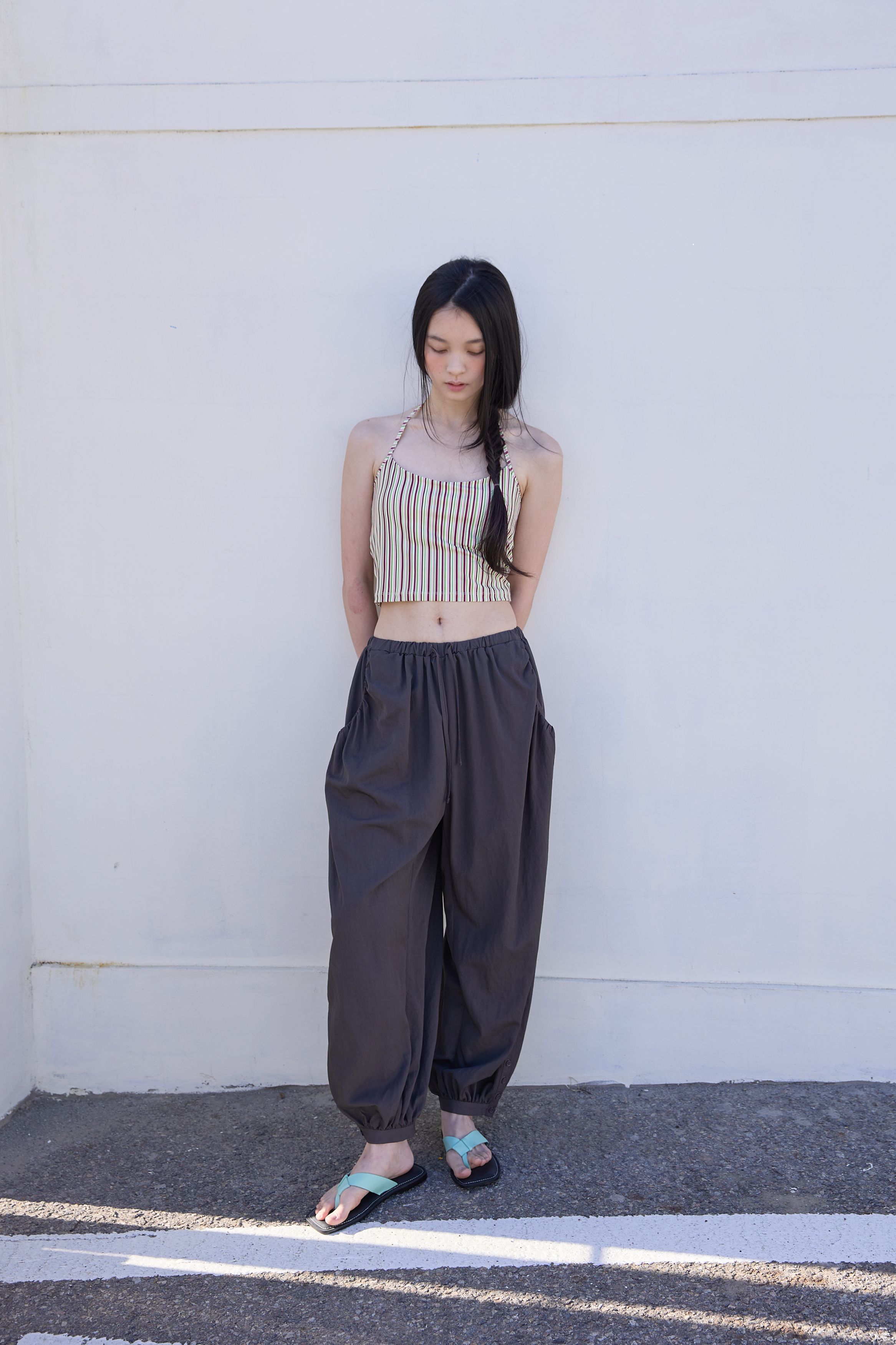 BUTTON DETAIL SHIRRING PANTS - 3 COLORS CHARCOAL