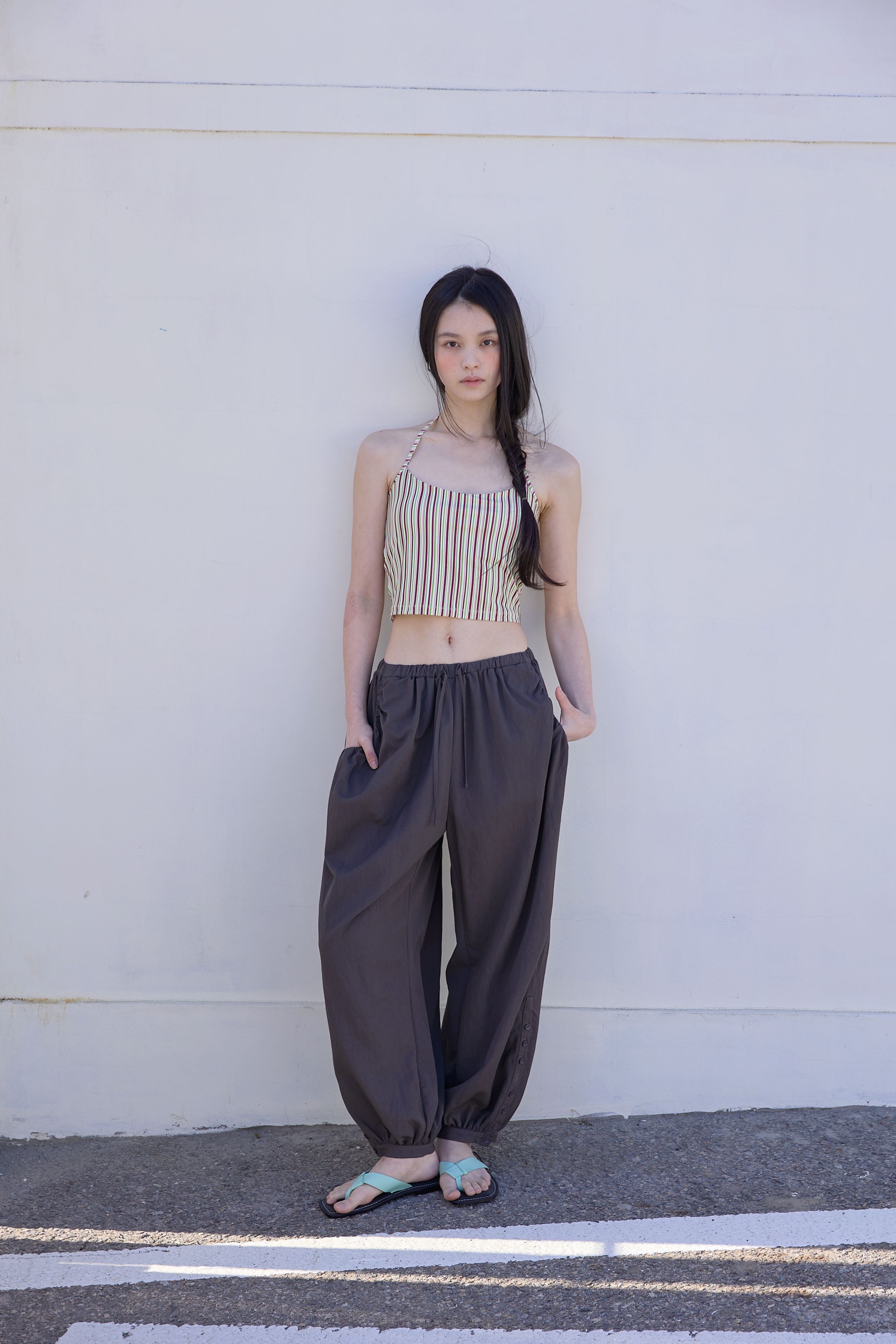 BUTTON DETAIL SHIRRING PANTS - 3 COLORS CHARCOAL