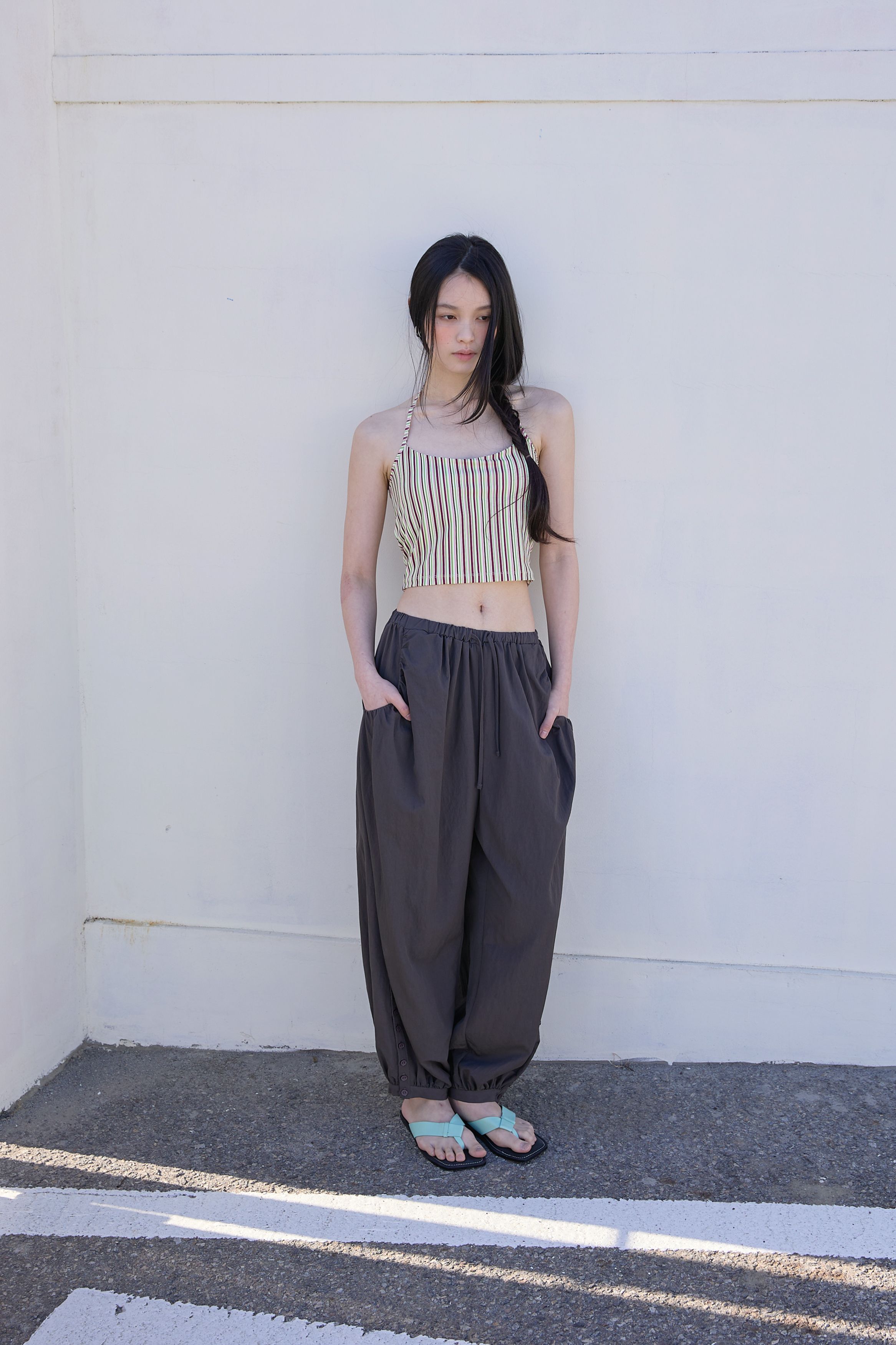 BUTTON DETAIL SHIRRING PANTS - 3 COLORS CHARCOAL