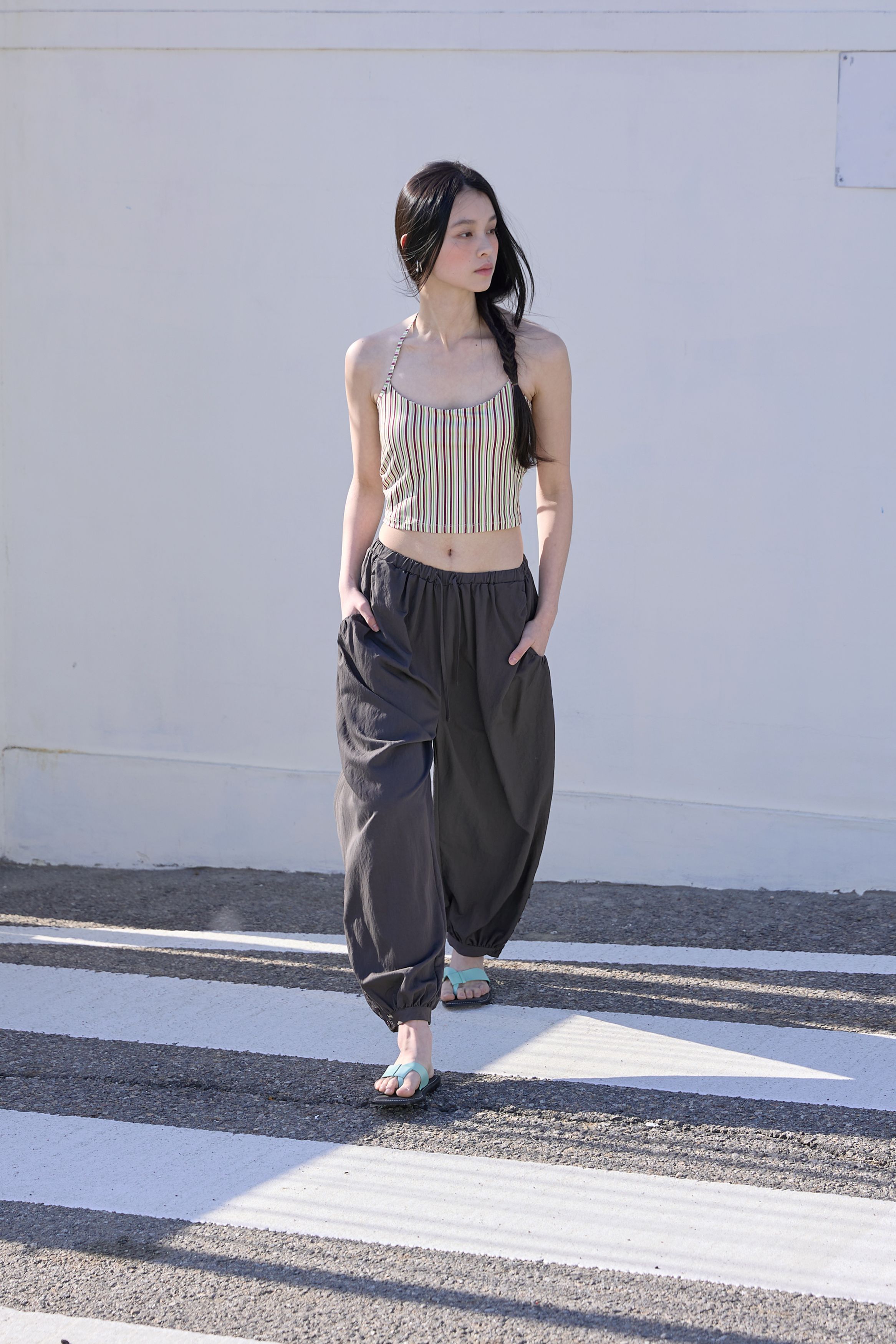 BUTTON DETAIL SHIRRING PANTS - 3 COLORS CHARCOAL