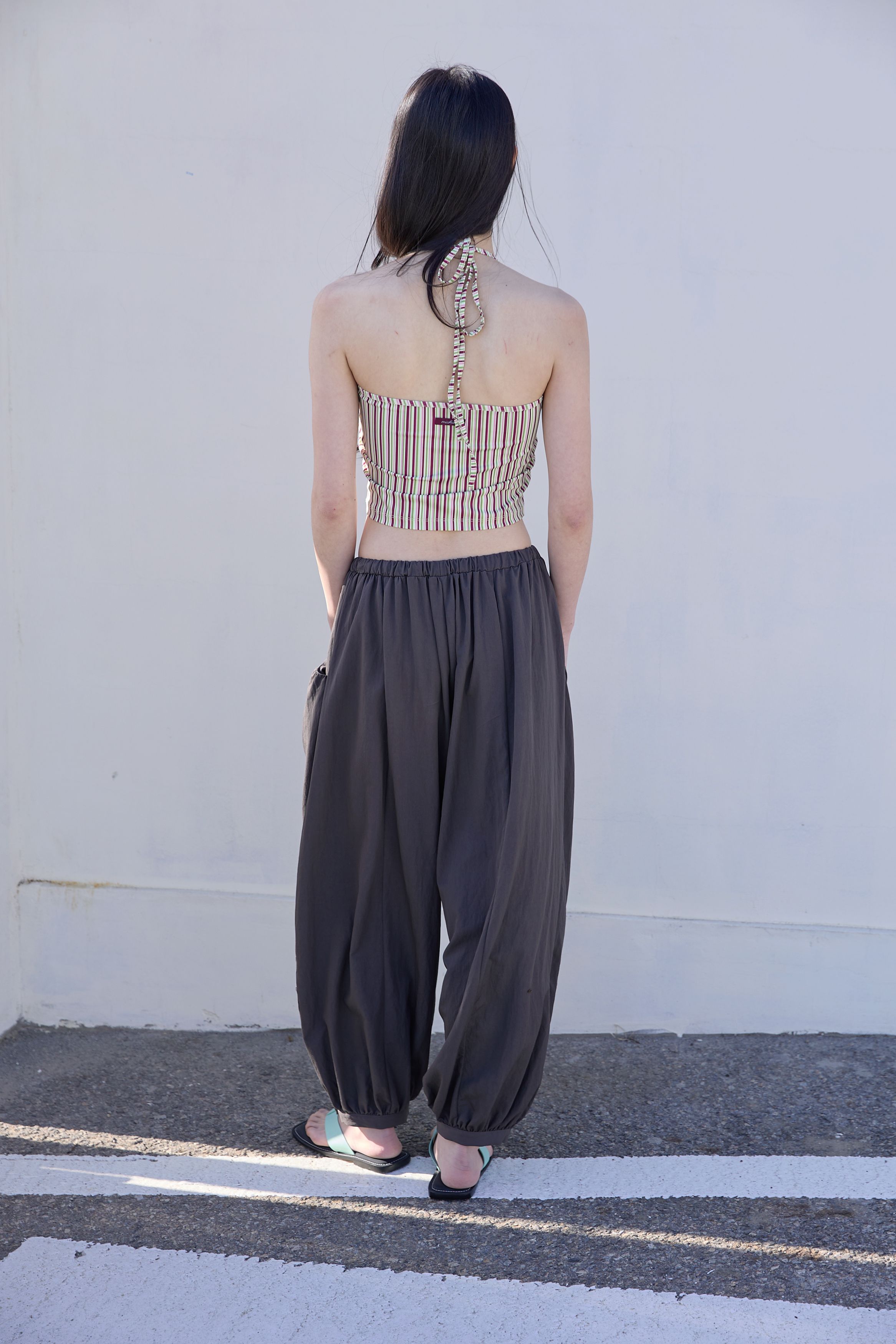 BUTTON DETAIL SHIRRING PANTS - 3 COLORS CHARCOAL
