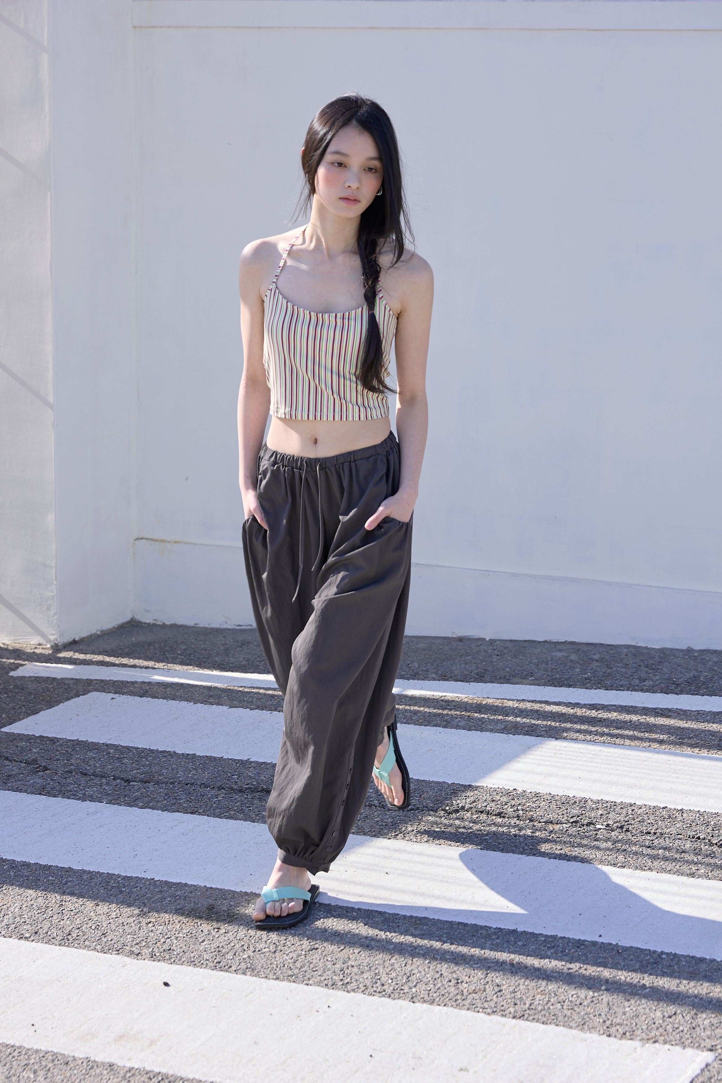 BUTTON DETAIL SHIRRING PANTS - 3 COLORS CHARCOAL