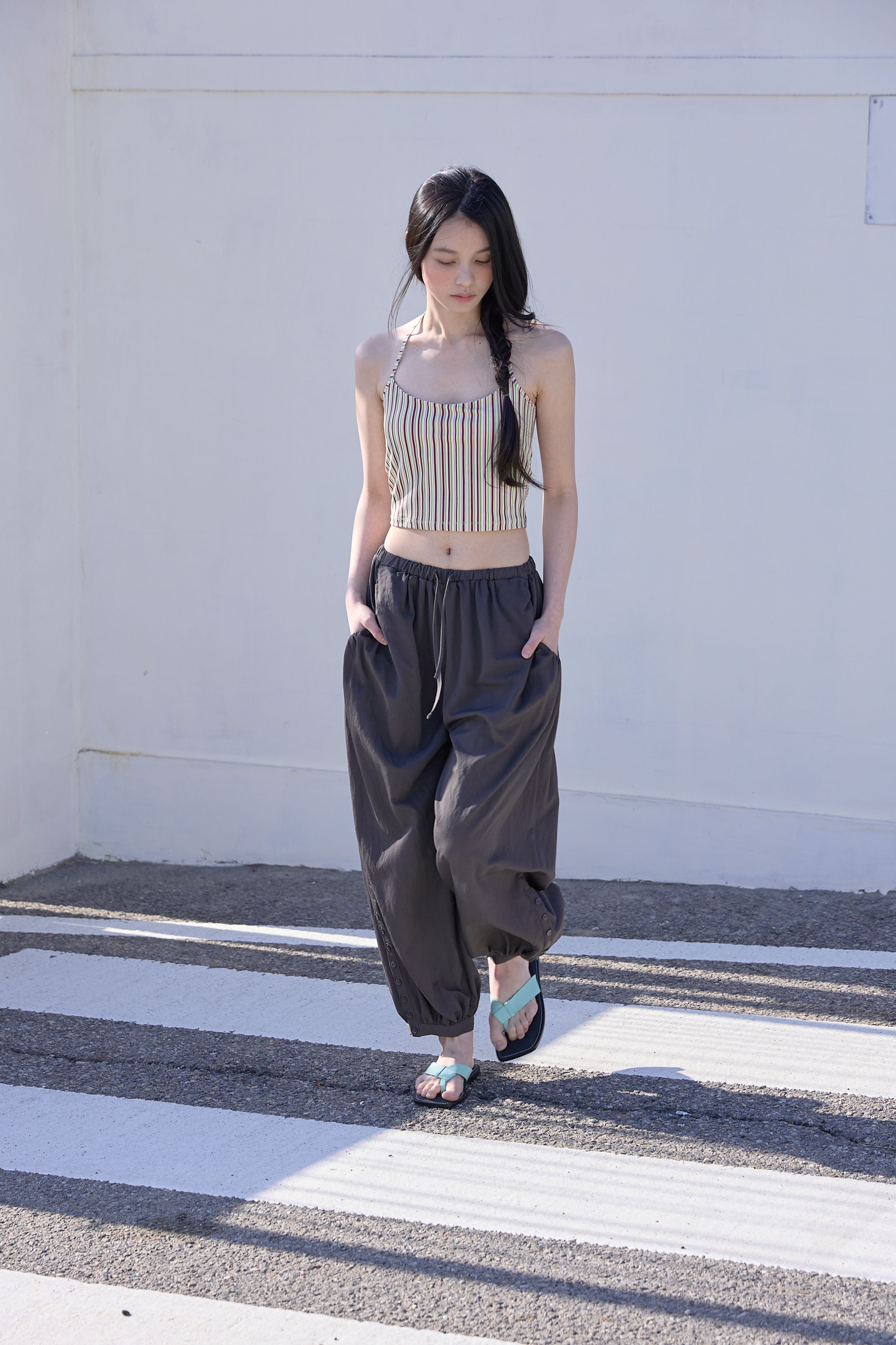 BUTTON DETAIL SHIRRING PANTS - 3 COLORS CHARCOAL