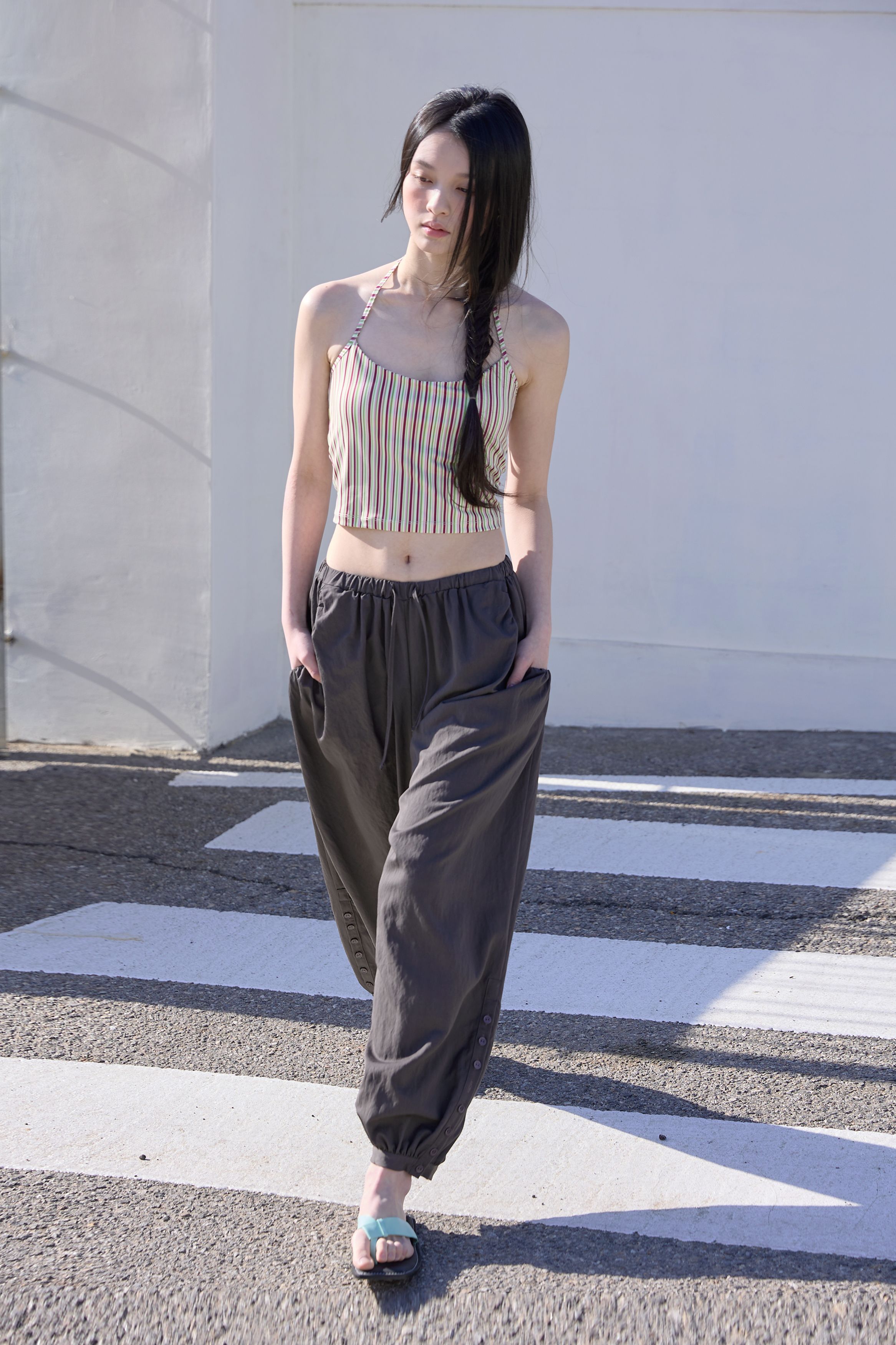 BUTTON DETAIL SHIRRING PANTS - 3 COLORS CHARCOAL