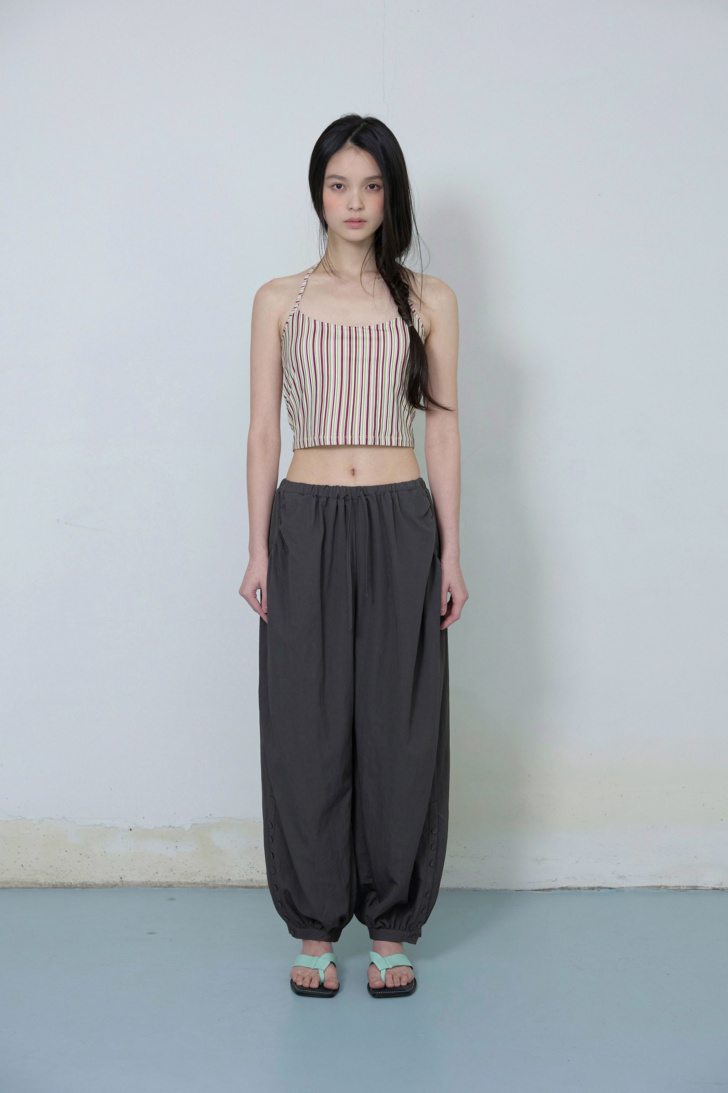 BUTTON DETAIL SHIRRING PANTS - 3 COLORS CHARCOAL