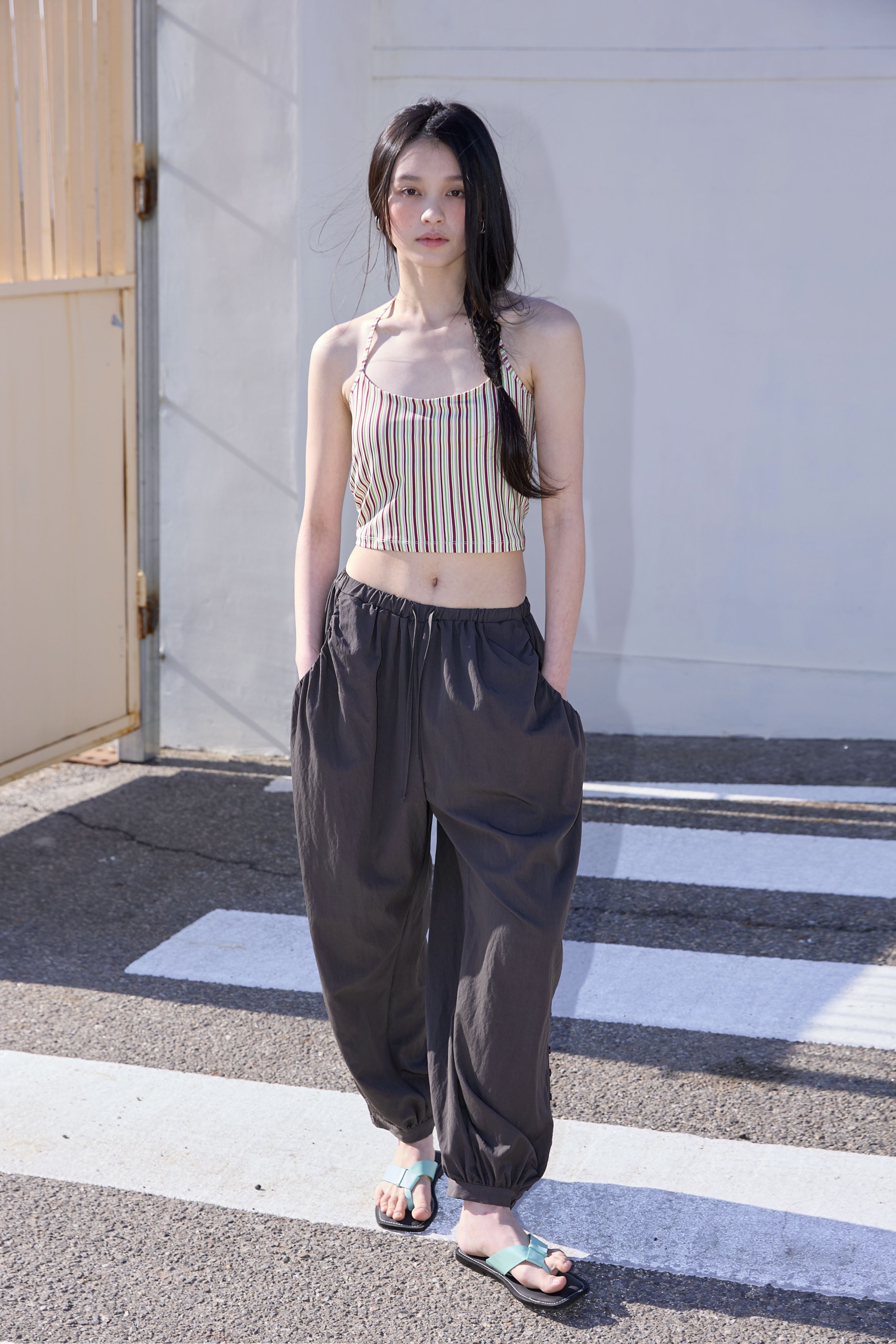 BUTTON DETAIL SHIRRING PANTS - 3 COLORS CHARCOAL