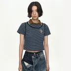 SHIRRING BINDING STRIPE COLLAR TOP atb1559w(BLUE)