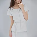 Pleated Pendant Boat Neck Short Sleeve T-Shirt, GREIGE