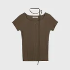 Pleated Pendant Boat Neck Short Sleeve T-Shirt, BROWN