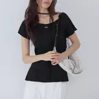Pleated Pendant Boat Neck Short Sleeve T-Shirt, BLACK