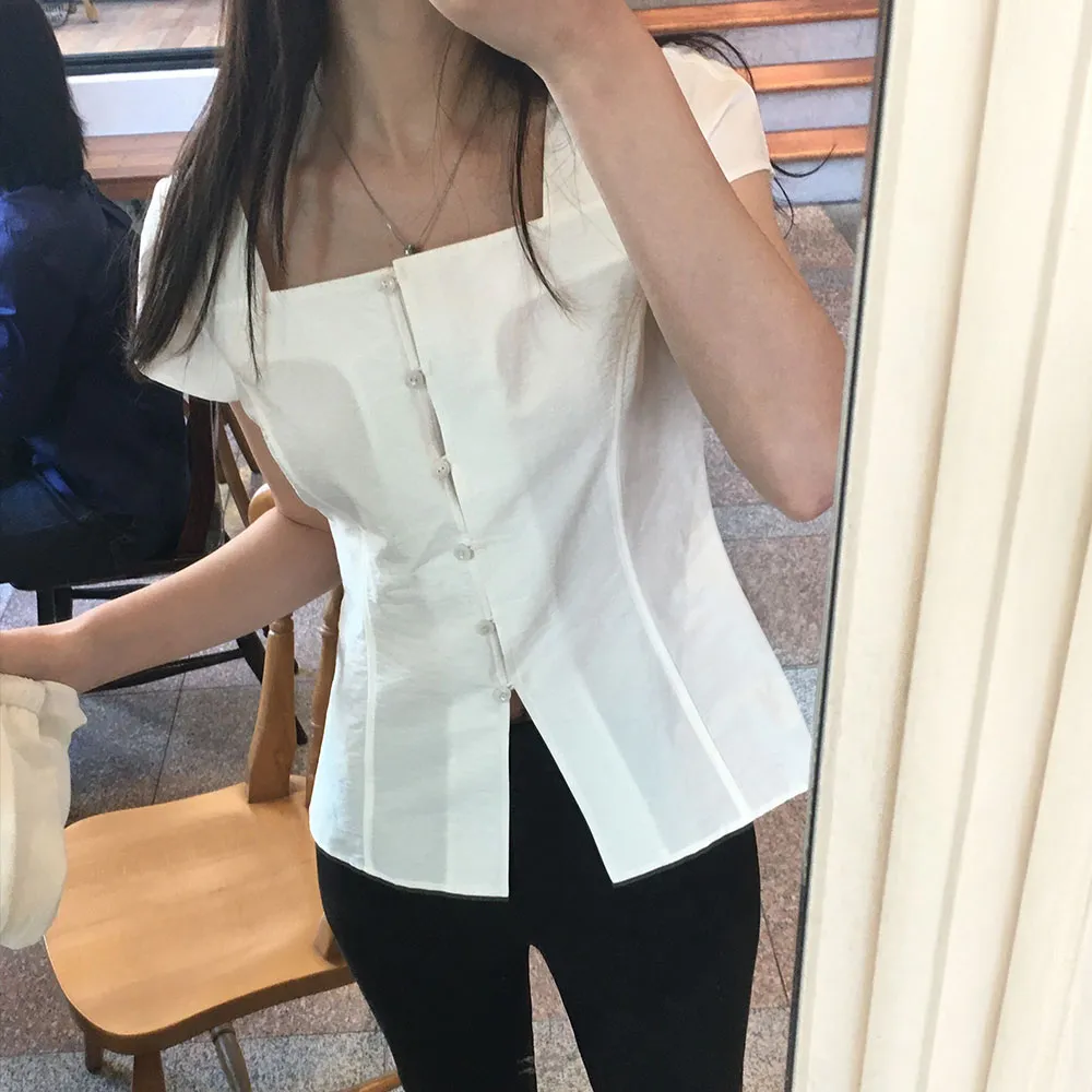 [제니퍼 착용]Square Neck Cap Sleeve Blouse[LMBFSUSH327]-Off-White
