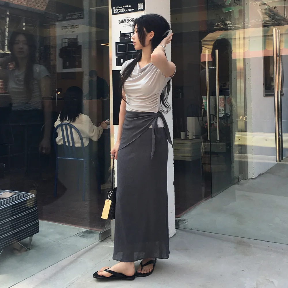 [제니퍼 착용][스카프 Set]Pleats Maxi Skirt[LMBFSUSK418]-Charcoal