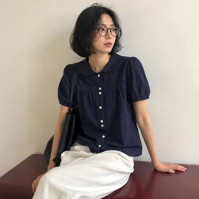 [예약발송] WOMAN 라운드 카라 퍼프 블라우스 [NAVY] / GF2LSH521