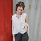 Vintage check pintuck lace sleeveless blouse_Ivory