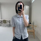 ROUND COLLAR FRILL BLOUSE, STRIPE