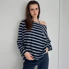 Soft Boat-Neck Relaxed Stripe Tee_CTT3034(Navy)