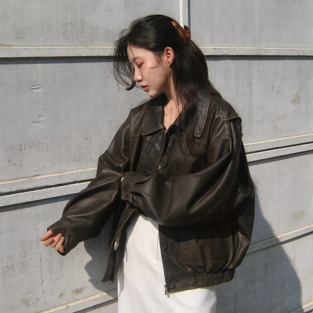 WASHED BOMBER LEATHER JACKET_BROWN