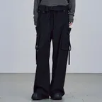 FOLDED WAIST WIDE PANTS [BLACK]