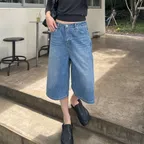 [채윤 PICK] 와이드 버뮤다 데님 팬츠 블루