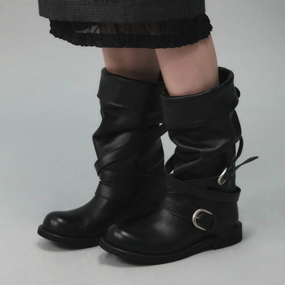 [GROVE X NEGATIVETHREE] SLOUCHY LONG STRAP BOOTS (BLACK)