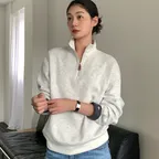 [묵화 PICK] Loose Fit Check Knit Half Zip Up-Light Grey
