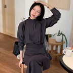 [영은 착용]Silk Blend Tie Blouse[LMBFAUSH332]-Smoke Charcoal