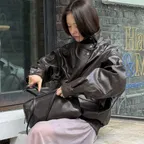 [슈멍 pick][무료반품] High-Neck Quilted Leather Blouson Deep brown