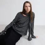 Pleats Scarf Cardigan Set Charcoal