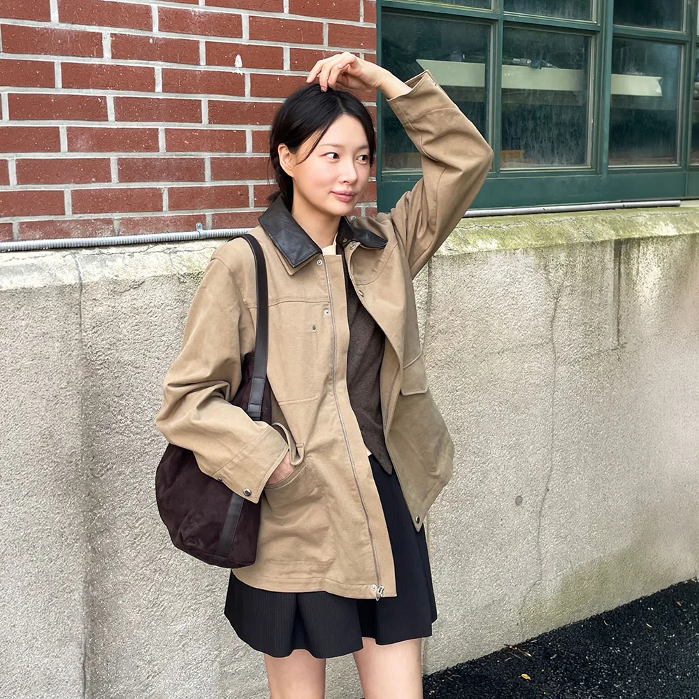 배색 칼라 미디 재킷  베이지 (KE6839M01A)