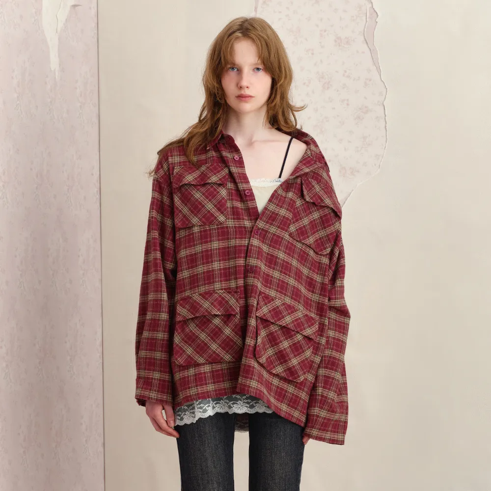 POCKET OVERFIT CHECK SHIRT, BURGUNDY