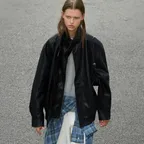 Layered Collar Leather Jacket - Black