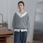 button deep v neck knit - grey