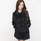 보우 버튼 숏 코트 블랙
