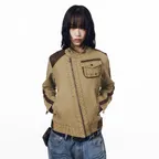 Slant Leather Patch Jacket (Beige)